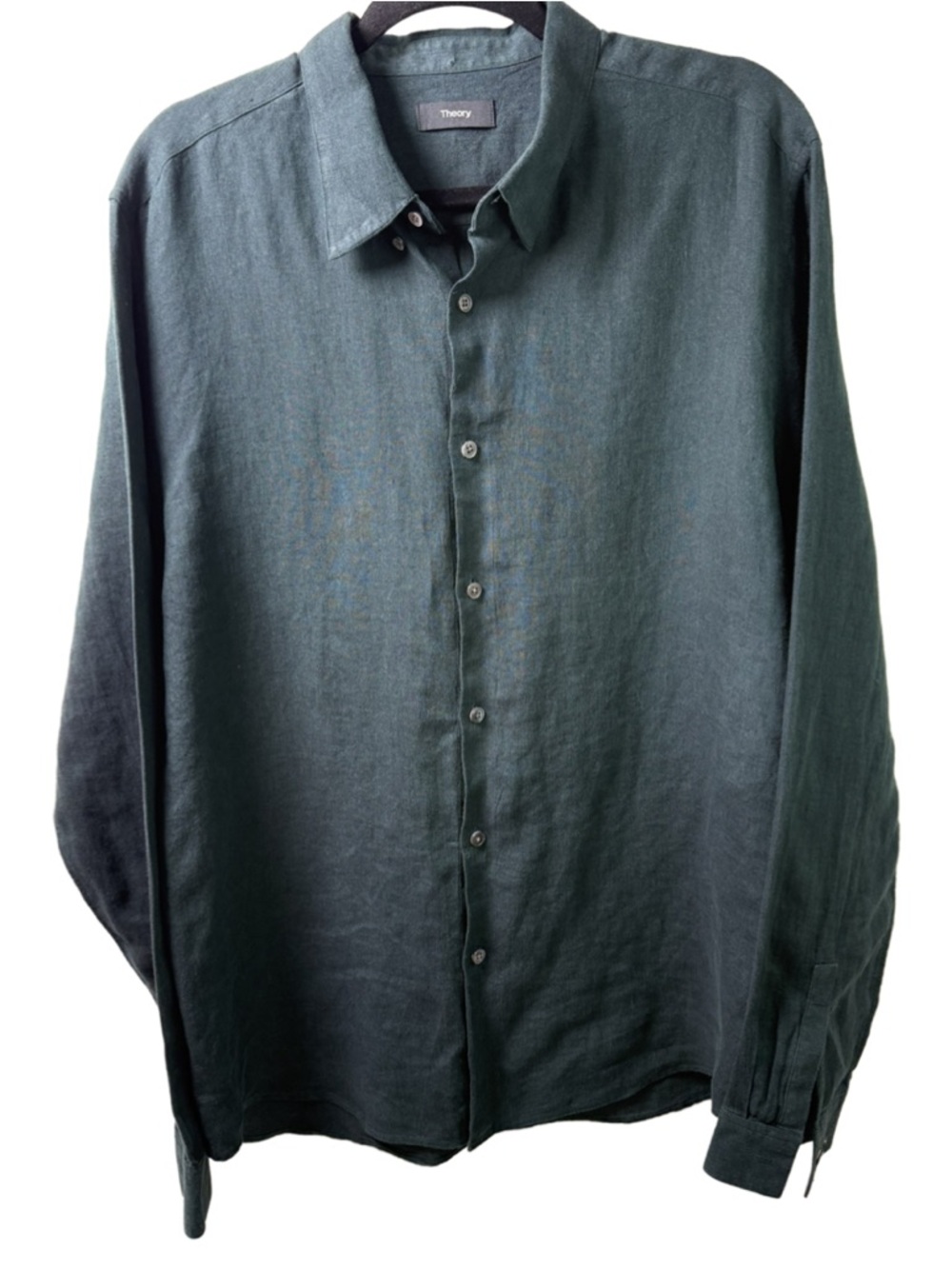 Theory Linen Men's Forest Green Button-Down Shirt